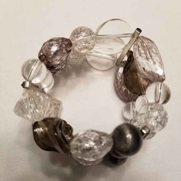 Vintage Chunky Lucite Beaded Statement Bracelet Clear Silver Smoky Y2K Boho Glam - Picture 6 of 7